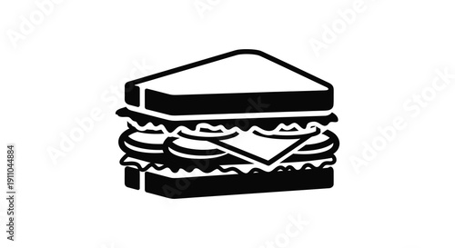A simple black and white illustration depicts a stacked sandwich showcasing its layers of bread fillings and ingredients