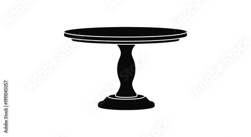 A minimalist black silhouette depicts a small round table with a pedestal base isolated on white high quality