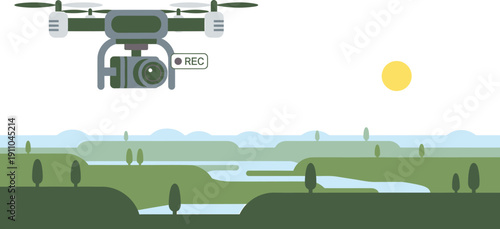 A drone surveying a lush green agricultural field under a bright sun Vector