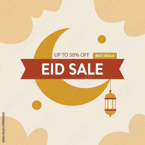 Eid sale banner with crescent moon and lantern