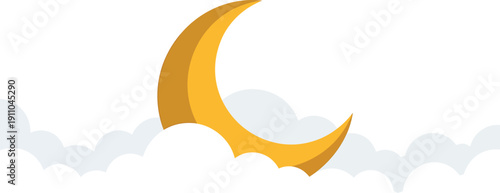 A golden crescent moon rising above soft, fluffy clouds in a serene night sky Vector