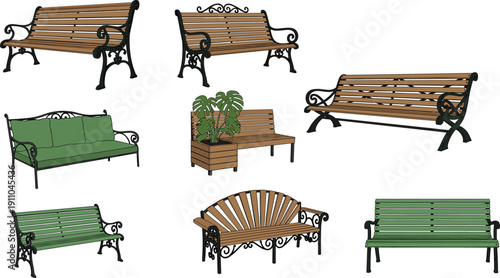 Collection of park benches vector illustration featuring wooden and metal outdoor seating designs, urban street furniture set isolated on light background template