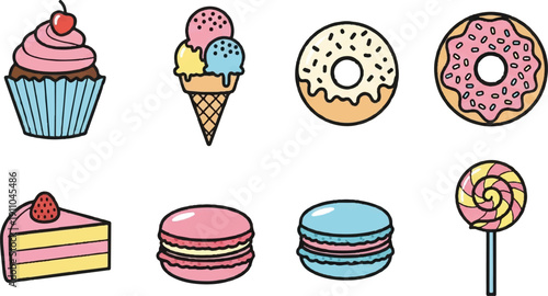 Assortment of colorful sweet treats isolated on white background