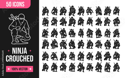 Collection of ninja icons in various crouched positions for design projects