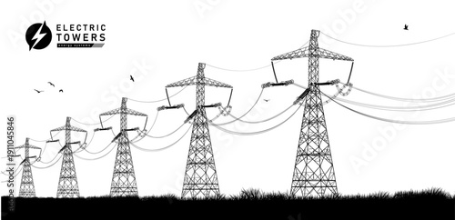 High voltage power line towers transmitting electricity across long distances. Wire infrastructure, energy grid system, electrical distribution network. Vector for power supply, engineering, utility.
