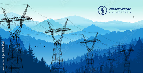 Electric tower. Lines of electricity transfers. High voltage post electric transmission tower in evening scenery. High-voltage poles with wires go away into the horizon. Electric vector poles.