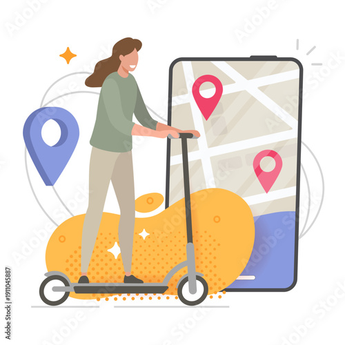 Woman on scooter as rental sharing urban transport concept vector modern graphic icon illustration design drawn, girl riding kickscooter with mobile phone app and city map cartoon drawn image clip art