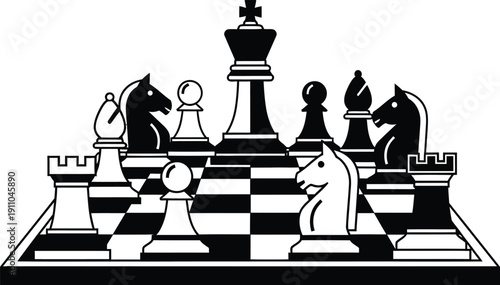 chess board with pieces, black and white