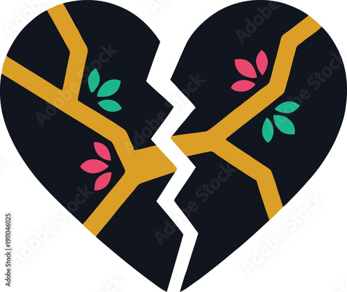 Creative black broken heart symbol split in half featuring golden branches and colorful bright leaves representing emotional healing trauma recovery and new growth.