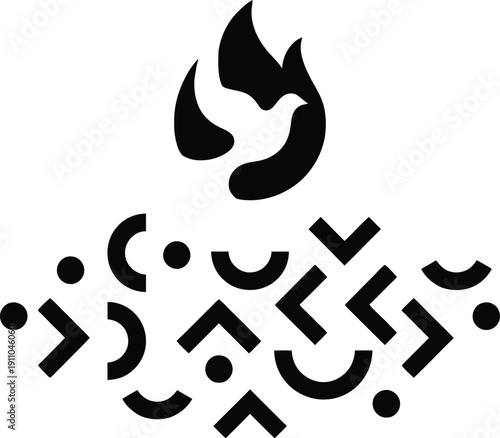 Abstract black silhouette of a flying dove inside a holy flame above scattered geometric shapes symbolizing the holy spirit descending upon new diverse communities.