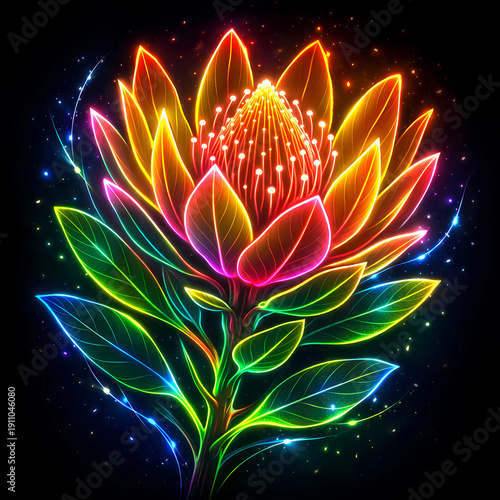 Neon Leucadendron Conebush Glowing Line Art