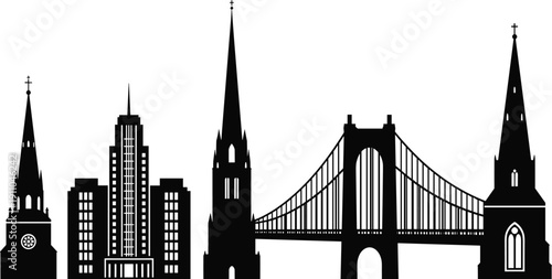 City Skyline Silhouette Featuring Cathedral Spires Suspension Bridge and High Rise Skyscrapers Vector for Travel Design cad drawing flat illustration