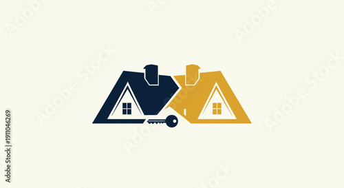 Real Estate Logo Design Featuring Two Houses With Key Symbol Concept.