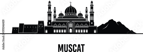 Muscat City Skyline Silhouette Featuring Sultan Qaboos Grand Mosque Mutrah Fort and Oman Landmarks Vector for Middle East Travel Design