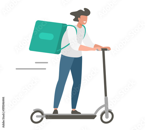 Delivery food scooter courier with man character moving fast speed isolated modern graphic illustration, happy person shipping meal with backpack, express urban service image clip art
