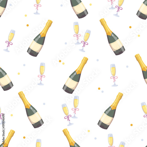 Champagne bottles and glasses in seamless vector pattern, perfect for celebration packaging, party invitations, festive wrapping paper, menu design and new year decor