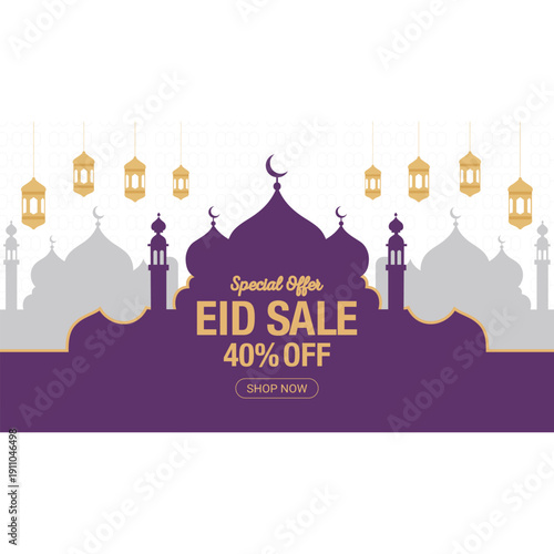 Eid sale banner with mosque and lanterns on white background
