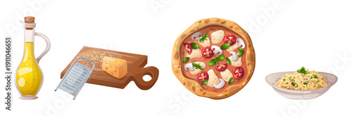 Italian food set with pizza, cheese on a board and grater, bottle of olive oil, and plate of risotto, ideal for recipes, menus, packaging, and culinary design