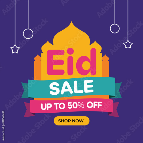 Eid sale banner with mosque dome and ribbons