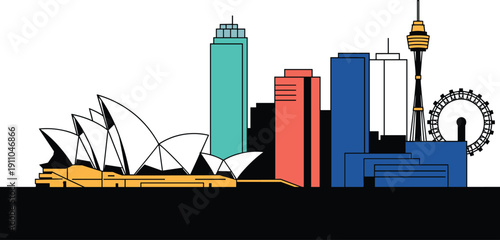 Sydney City Skyline Illustration Featuring Opera House Harbour Bridge and Sydney Tower Vector for Australia Travel Tourism Design cad drawing