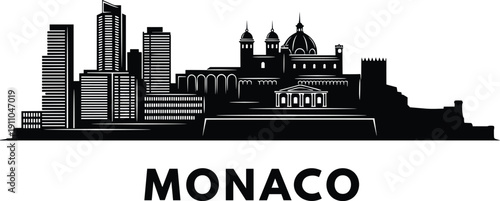 Monaco City Skyline Silhouette Featuring Monte Carlo Casino Prince's Palace and Modern Architecture Vector for Mediterranean Travel and Tourism Design