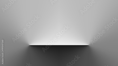 Shiny vector podium for luxury presentation and metal vector shelf with empty white room. Realistic 3d silver steel stand on grey background with light effect for product display.