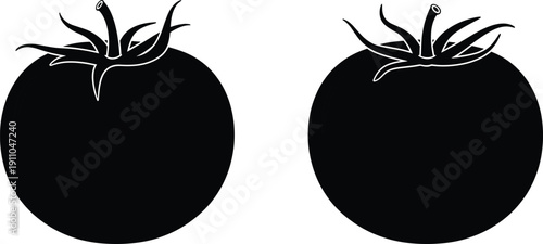 Black tomato silhouette icons, organic vegetable farm fresh food symbols, minimalist garden produce vector graphics for kitchen menu and healthy cooking.