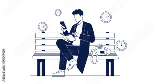 Modern Man Checking Phone And Book While Waiting On A Bench With Clocks Around