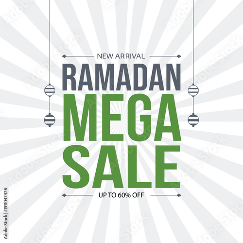 Ramadan mega sale advertisement with hanging lamps on white background