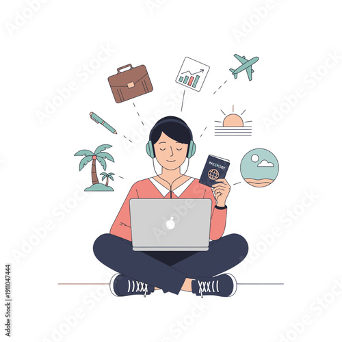 Modern Nomad Working Remotely With Laptop And Travel Essentials