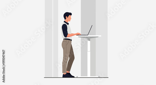 Modern Office Worker Utilizes Standing Desk For Productivity And Well Being