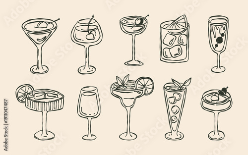 Whimsical doodle cocktail set, doodle glass art sketch for poster, sticker, greeting card, menu, invitation, postcard, bar and party.