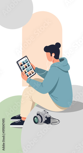 Modern Person Engaged With Digital Content And Photography Gear