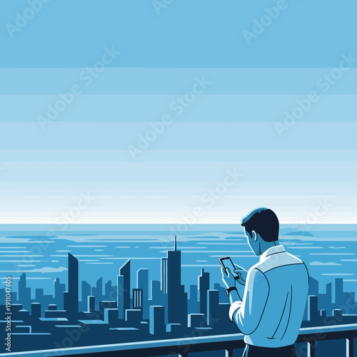 Modern Man Gazing At Digital World Over City Skyline View