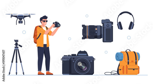 Modern Photographer Gear Collection With Drone And Backpack