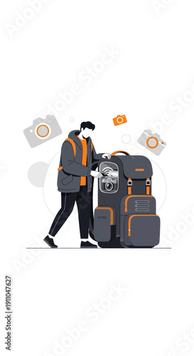 Modern Photographer Gear Travel Backpack Concept Illustration