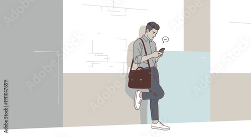 Modern Professional Checking Smartphone While Leaning Against Textured Wall