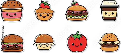 Cartoon food collection burger coffee cupcake tomato elements