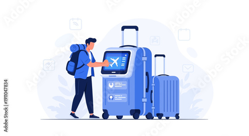 Modern Traveler Interacting With Self-Service Kiosk For Airport Procedures And Baggage