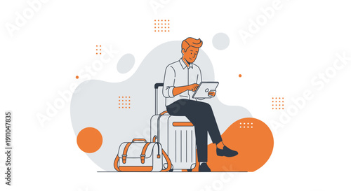 Modern Man Using Tablet While Traveling With Luggage