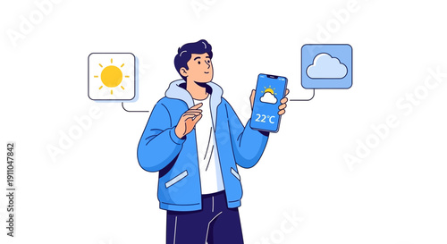 Modern Man Using Weather App To Check Forecasts And Temperature On His Phone