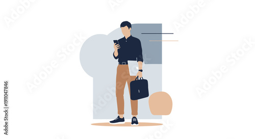 Modern Man With Laptop and Briefcase Interacting With Mobile Device