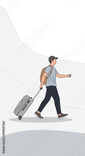 Modern Traveler Journeying With Rolling Luggage And Backpack Outdoors