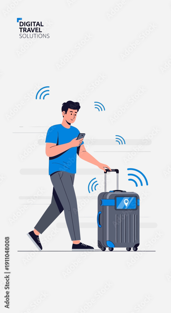Fototapeta premium Modern Traveler Navigating With Digital Solutions And Smart Luggage