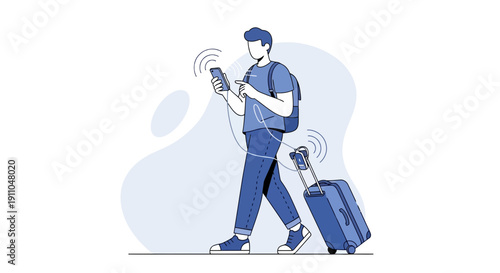 Modern Traveler Navigating With Smart Device and Luggage