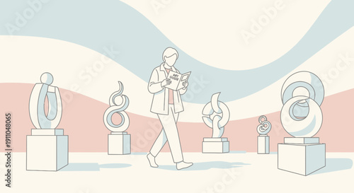 Modern Sculptures In An Art Gallery With A Visitor Reading A Guide