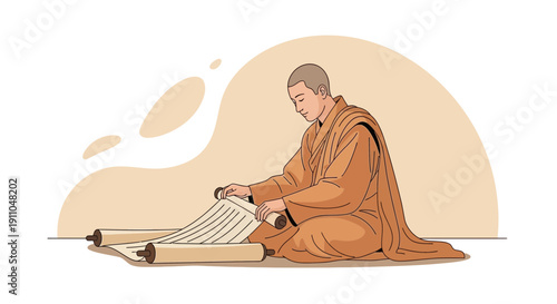 Monk Unrolling Ancient Scroll Calmly Studying Sacred Texts