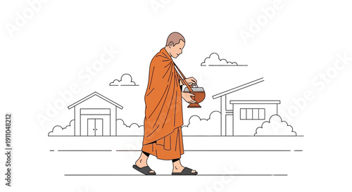 Monk Walking In Traditional Saffron Robes Collecting Alms In Village Scene