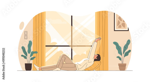 Morning Stretch In A Sunlit Room Serene Relaxation And Wellness