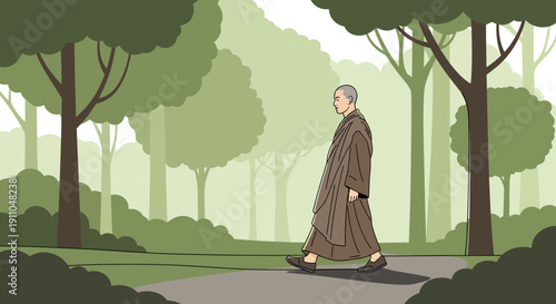 Monk Walking Serene Forest Path Zen Enlightenment Journey